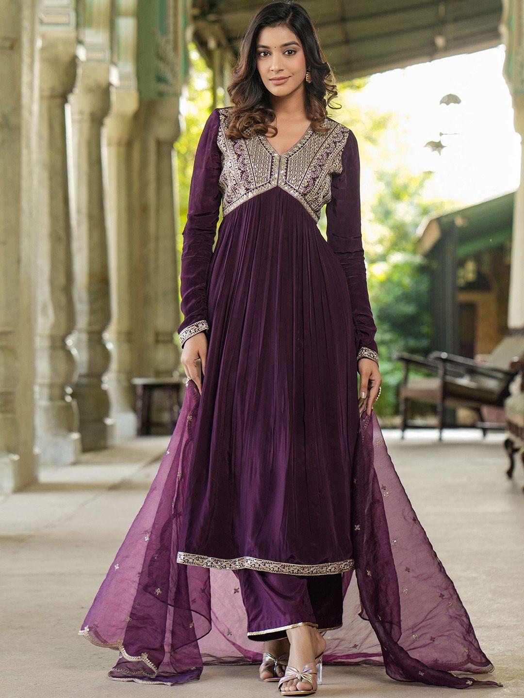 pratap sons women purple embroidered empire pure silk kurta with salwar & with dupatta