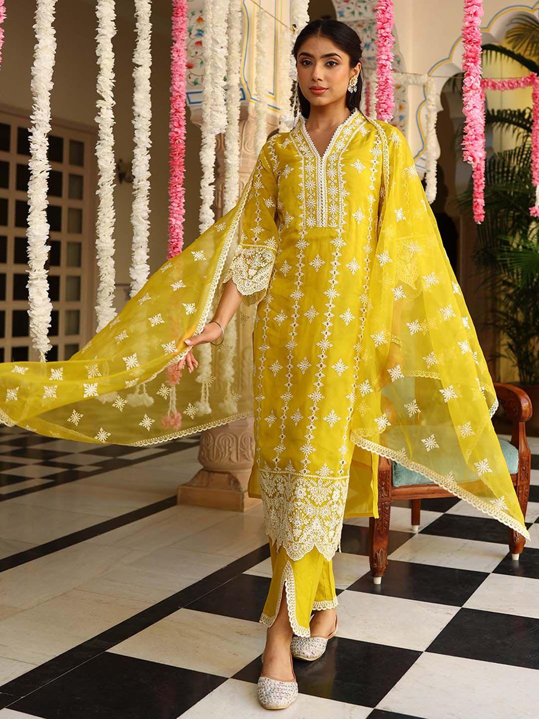 pratap sons women yellow ethnic motifs embroidered regular chikankari kurta with salwar & with dupatta