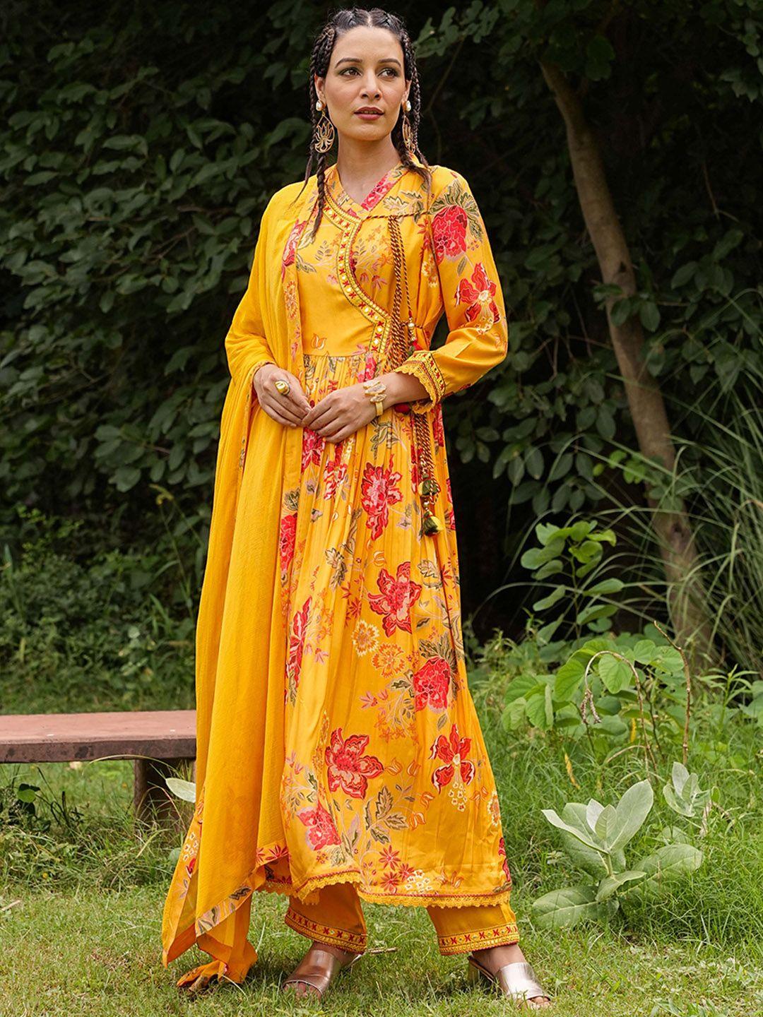 pratap sons women yellow floral printed angrakha silk crepe kurta with salwar & with dupatta