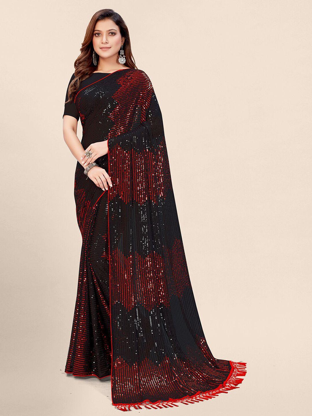 pratham blue black & red embellished sequinned pure georgette saree