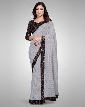 pratham blue designer grey sequined embroidered saree with blouse piece saree