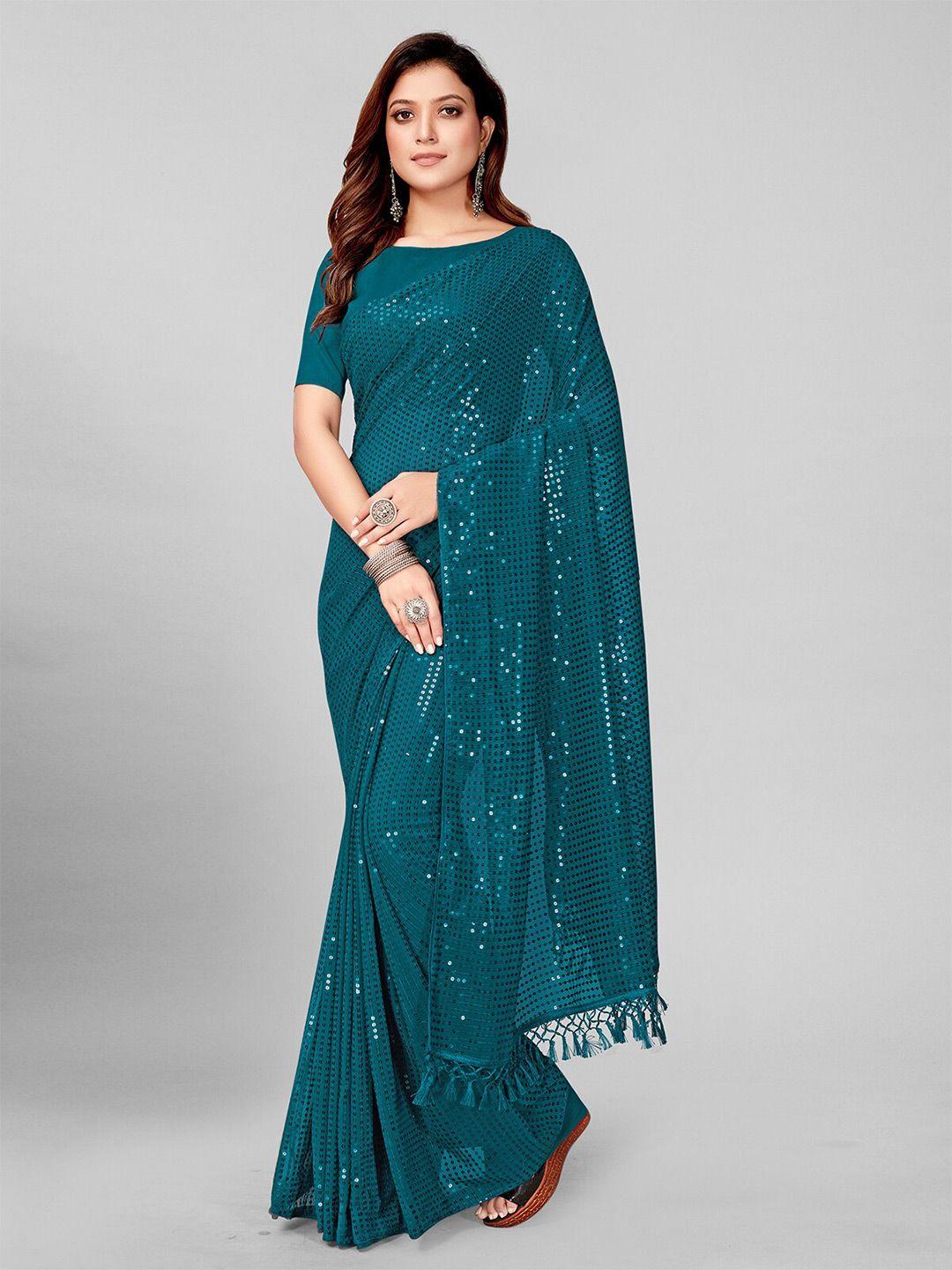 pratham blue teal embellished sequinned pure georgette saree