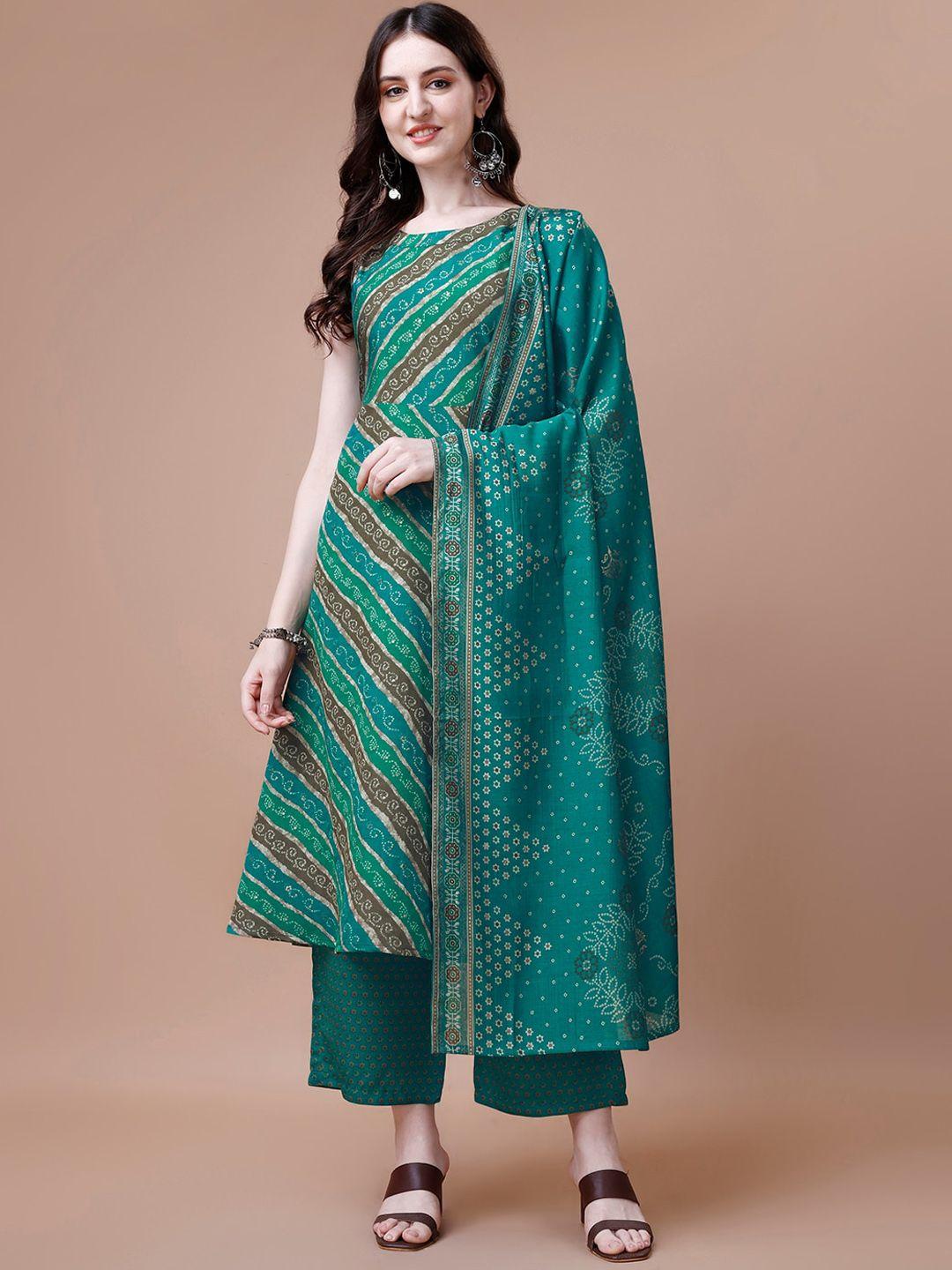 pratham blue women teal leheriya printed regular chanderi silk kurta with palazzos & with dupatta