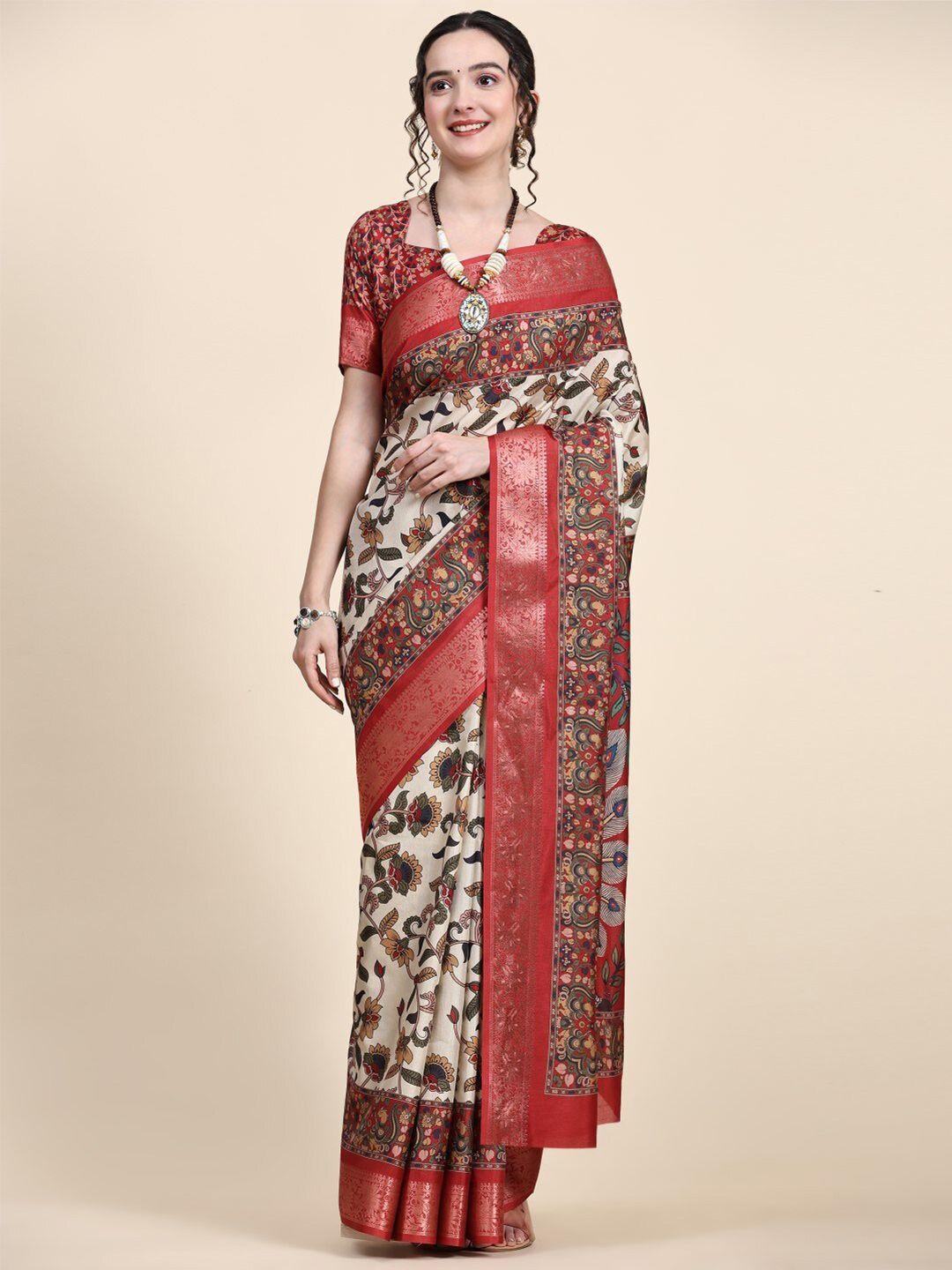pratibimb floral printed zari pure silk block print saree