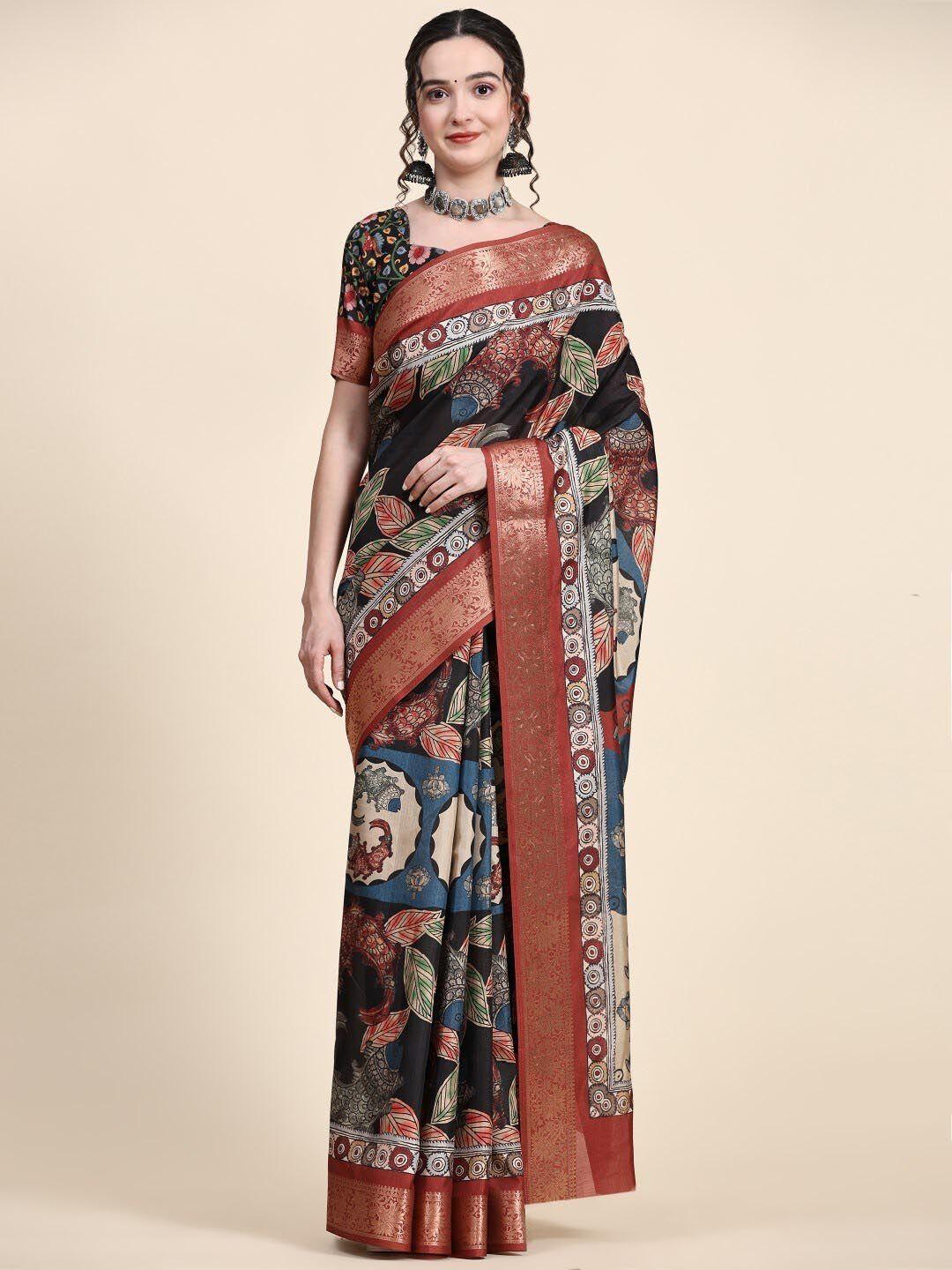 pratibimb kalamkari printed zari pure silk block print saree