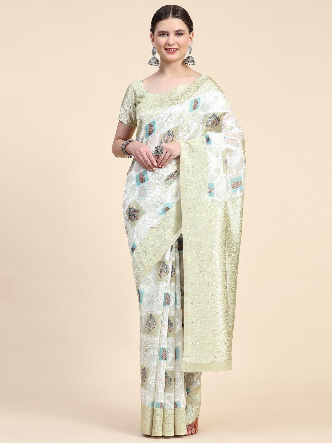pratibimb ethnic motifs printed zari pure cotton block print saree