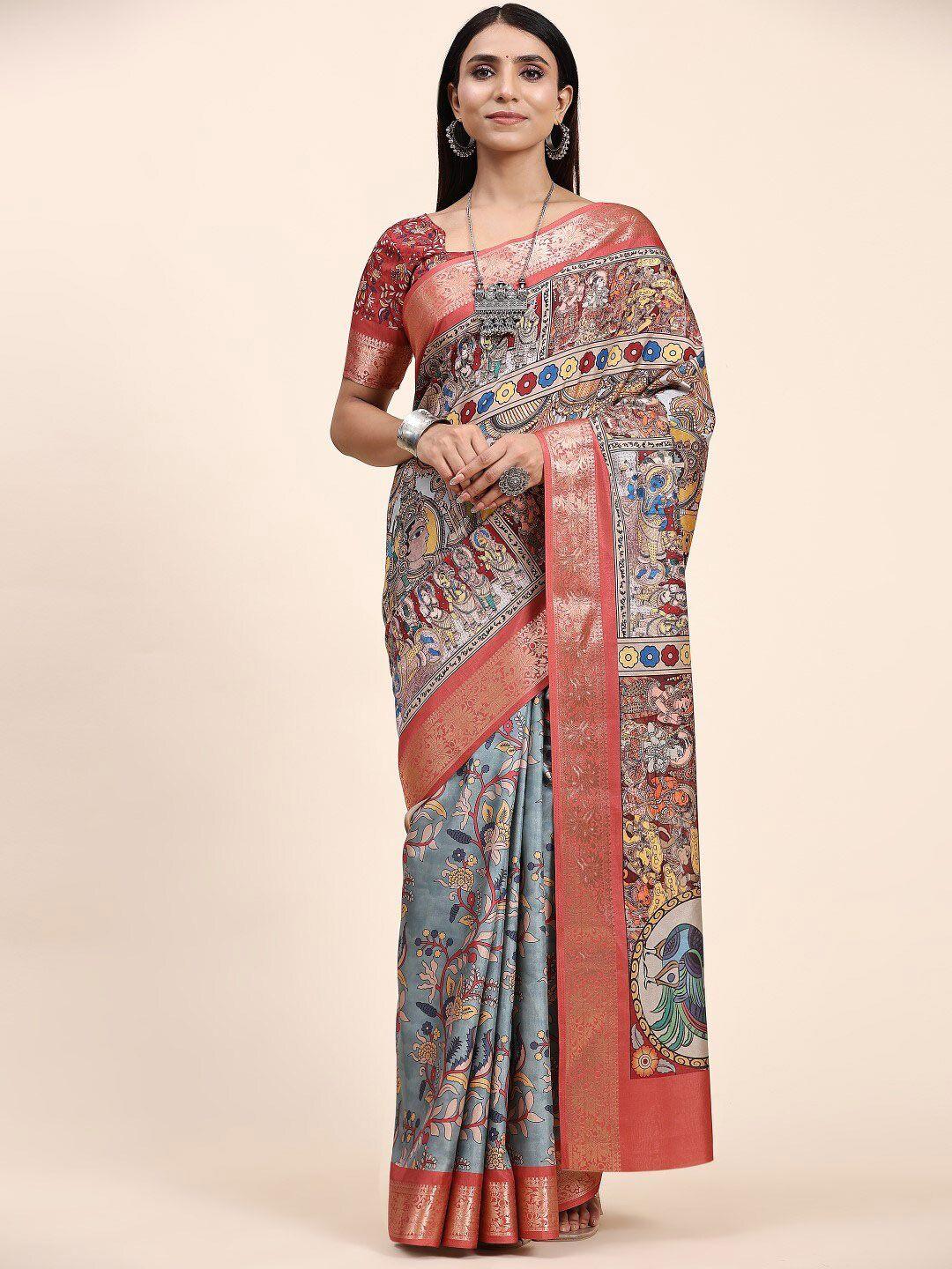 pratibimb ethnic motifs printed zari pure silk block print saree
