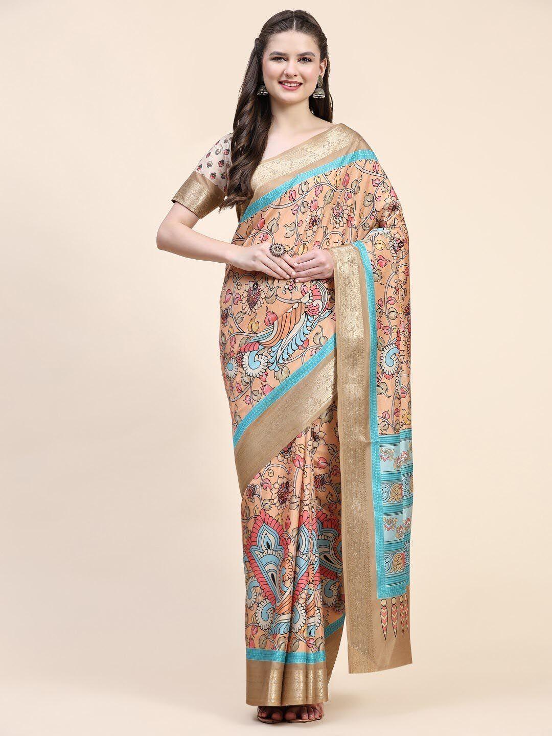 pratibimb kalamkari printed zari detailed pure silk saree