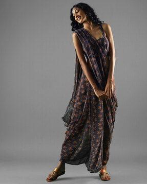 pre-draped floral saree with blouse