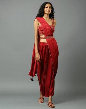 pre-draped saree with embroidered blouse