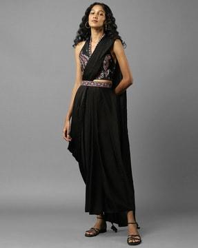 pre-draped saree with embroidered blouse