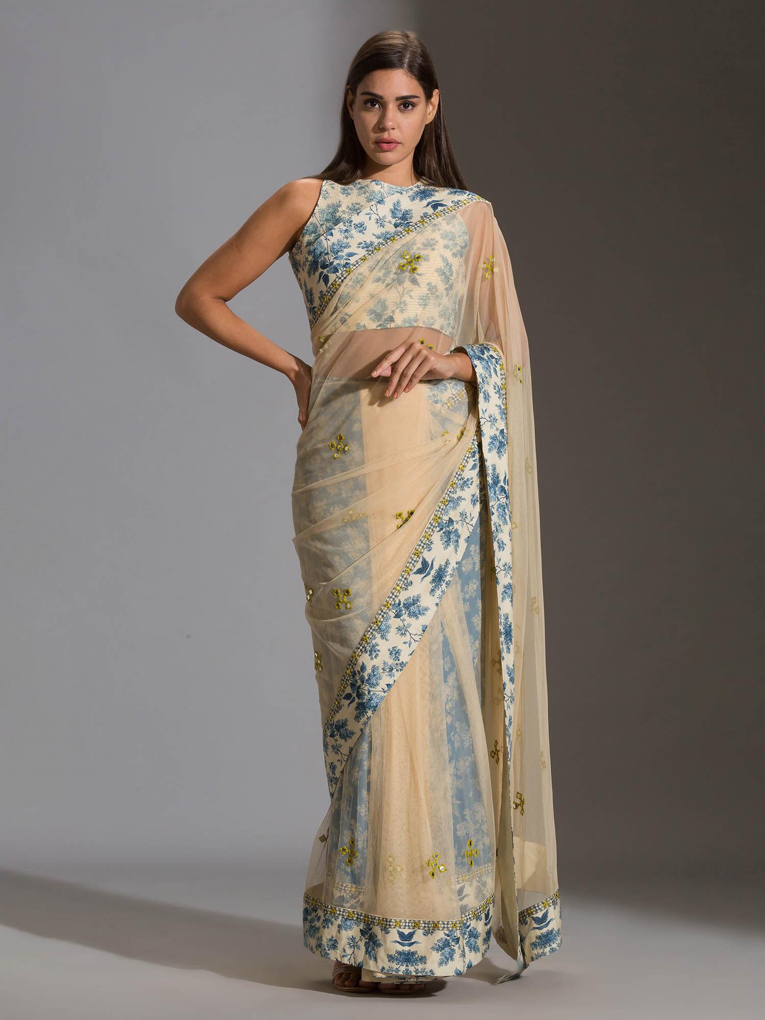 pre stitched pre draped net saree with incut sleeveless blouse (set of 2)