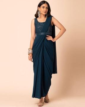 pre-stitched saree with attached blouse