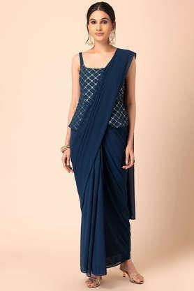 pre-stitched saree with attached sequin peplum women's blouse - blue