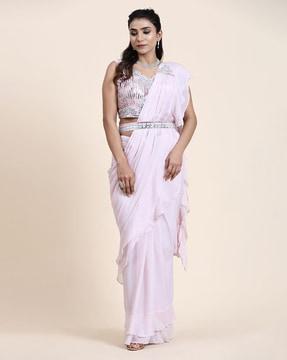 pre-stitched saree with embellished blouse & belt