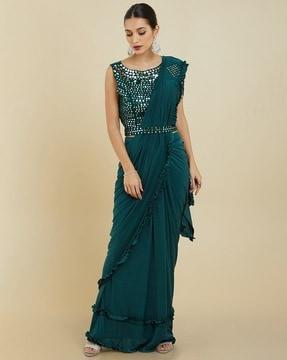 pre-stitched saree with ruffled border