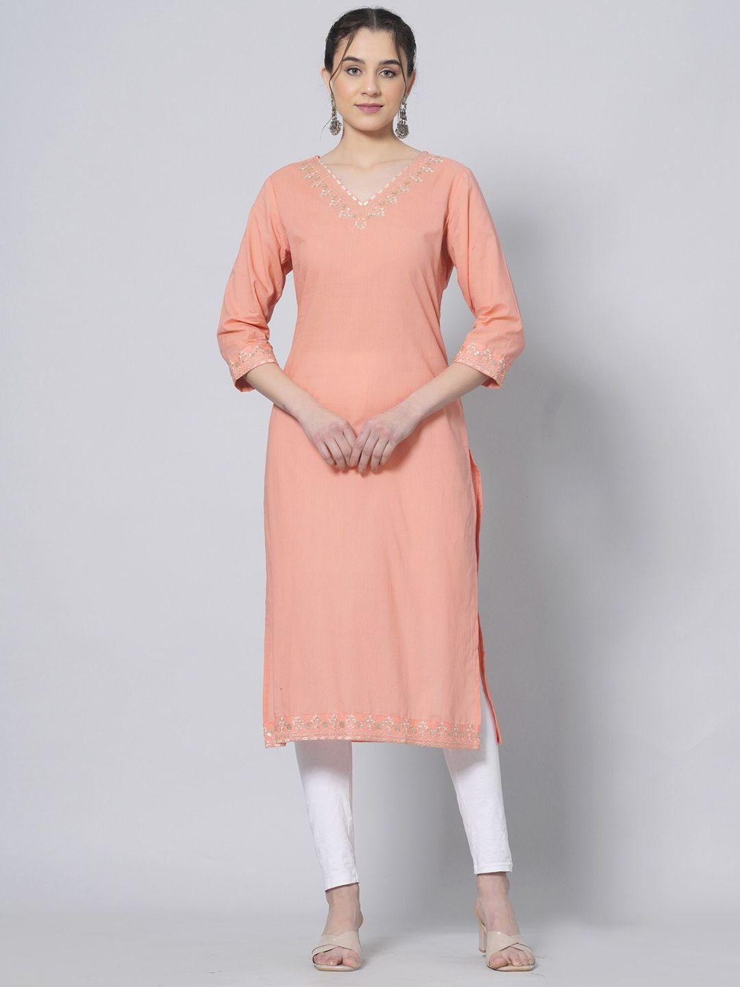 preksha ethnic motif embroidered pure cotton straight kurta