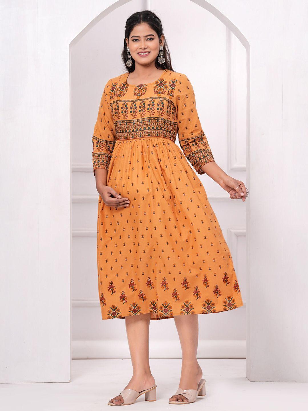 preksha ethnic motifs printed pure cotton maternity midi ethnic dress