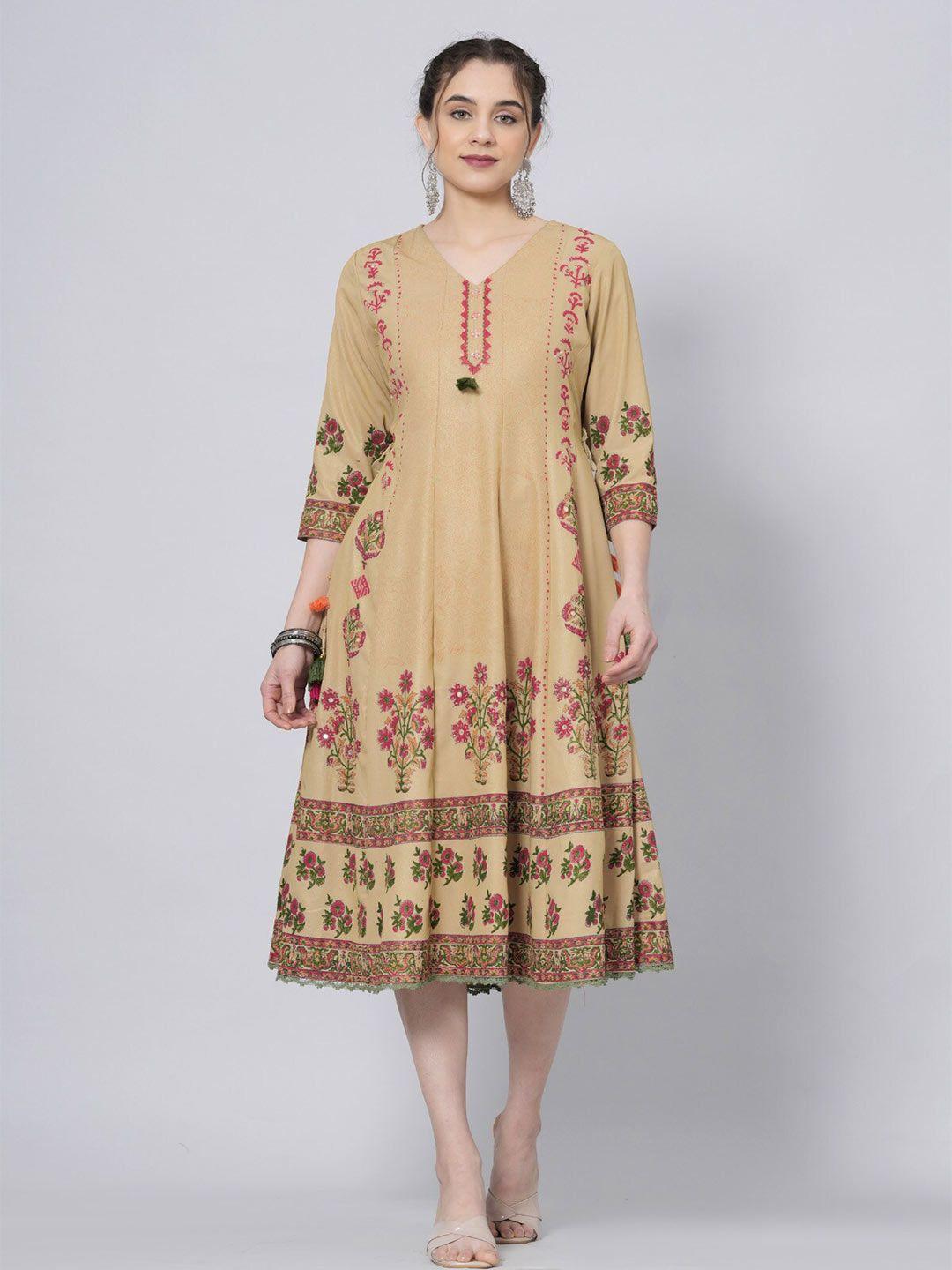 preksha ethnic motifs printed v-neck three-quarter sleeves thread work kurta