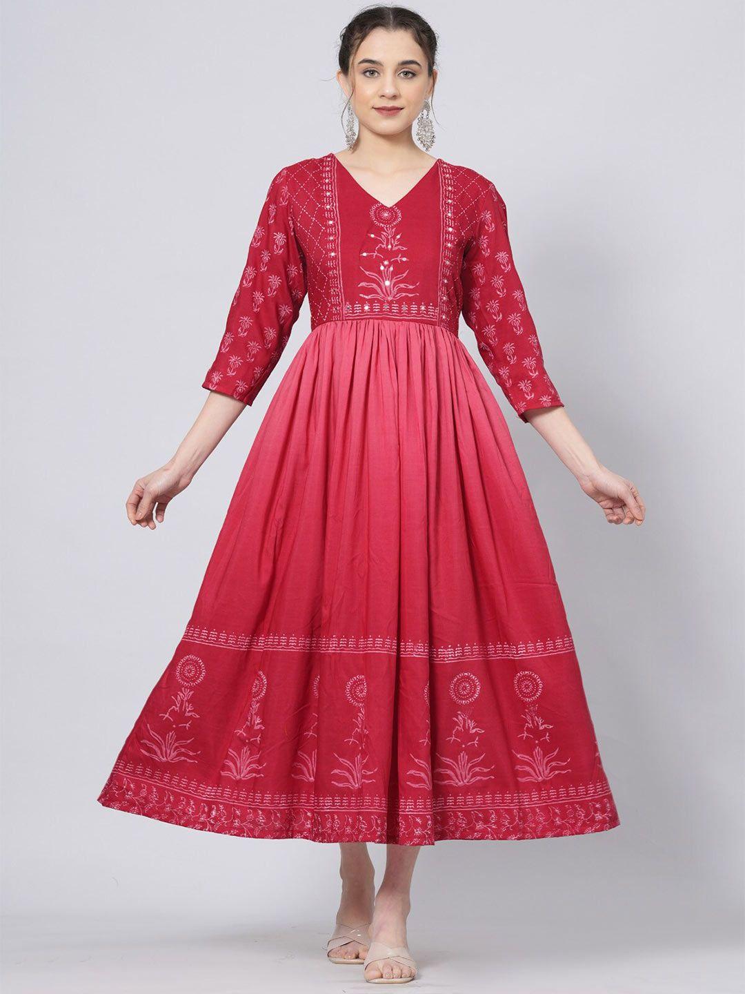 preksha floral block printed mirror work a-line kurta