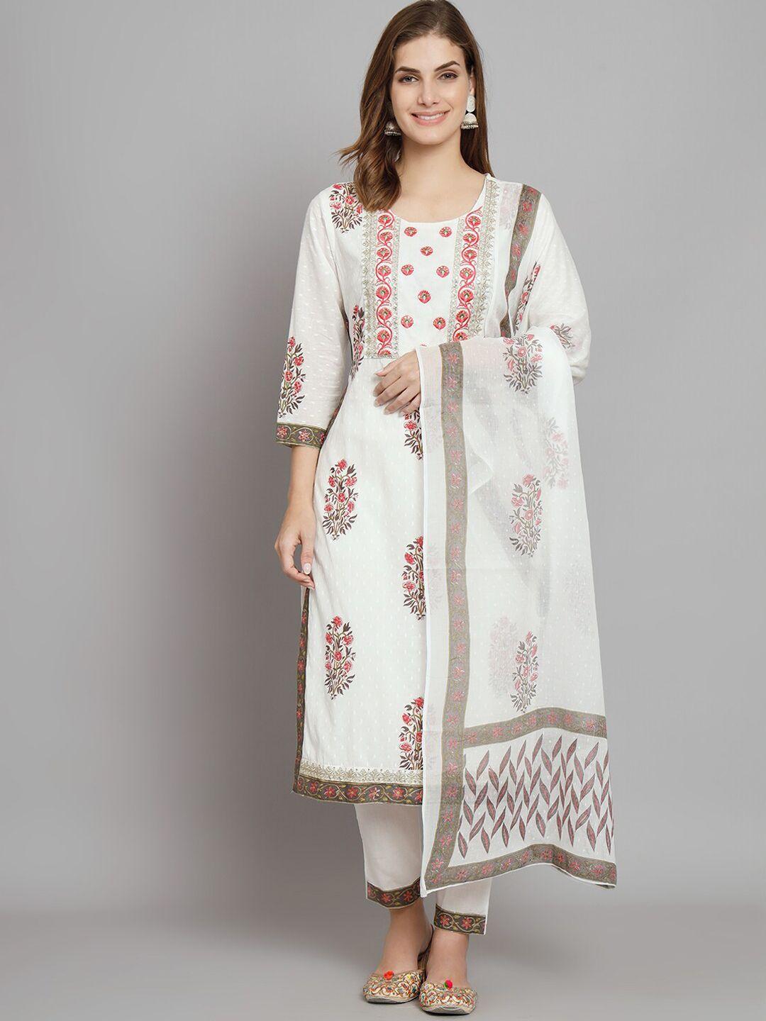 preksha floral printed thread work pure cotton kurta with trousers & dupatta