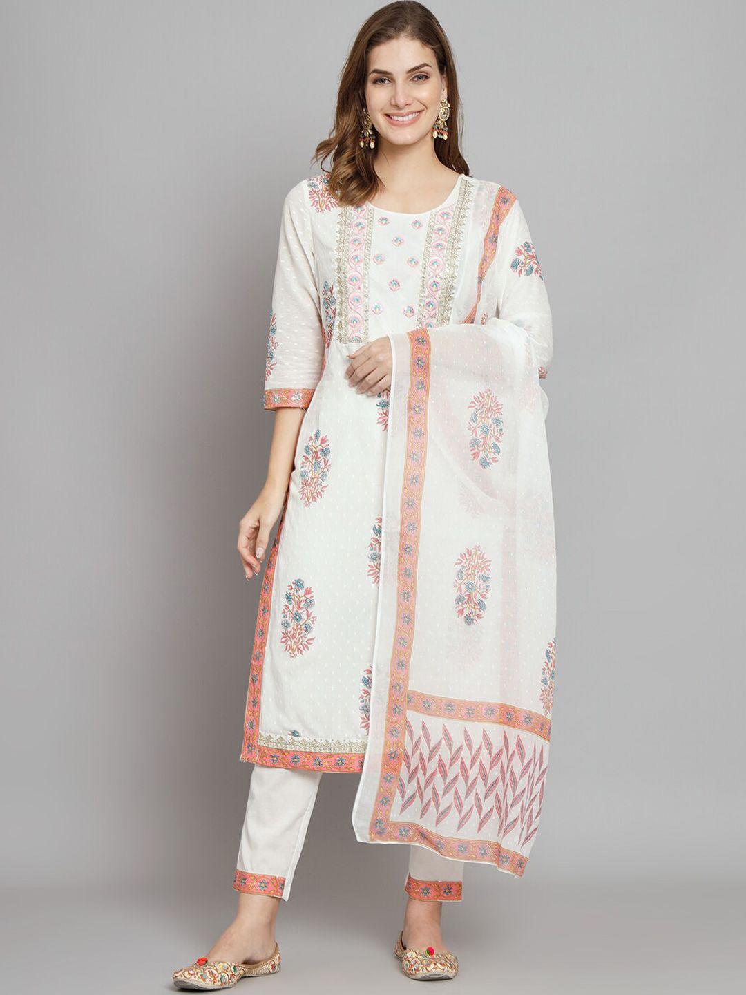 preksha floral printed thread work pure cotton kurta with trousers & dupatta