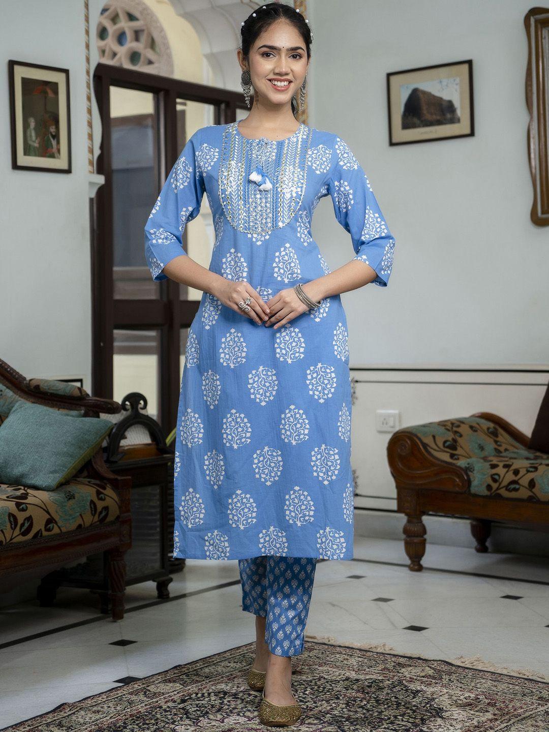 preksha women blue ethnic motifs embroidered regular mirror work pure cotton kurta with trousers & with
