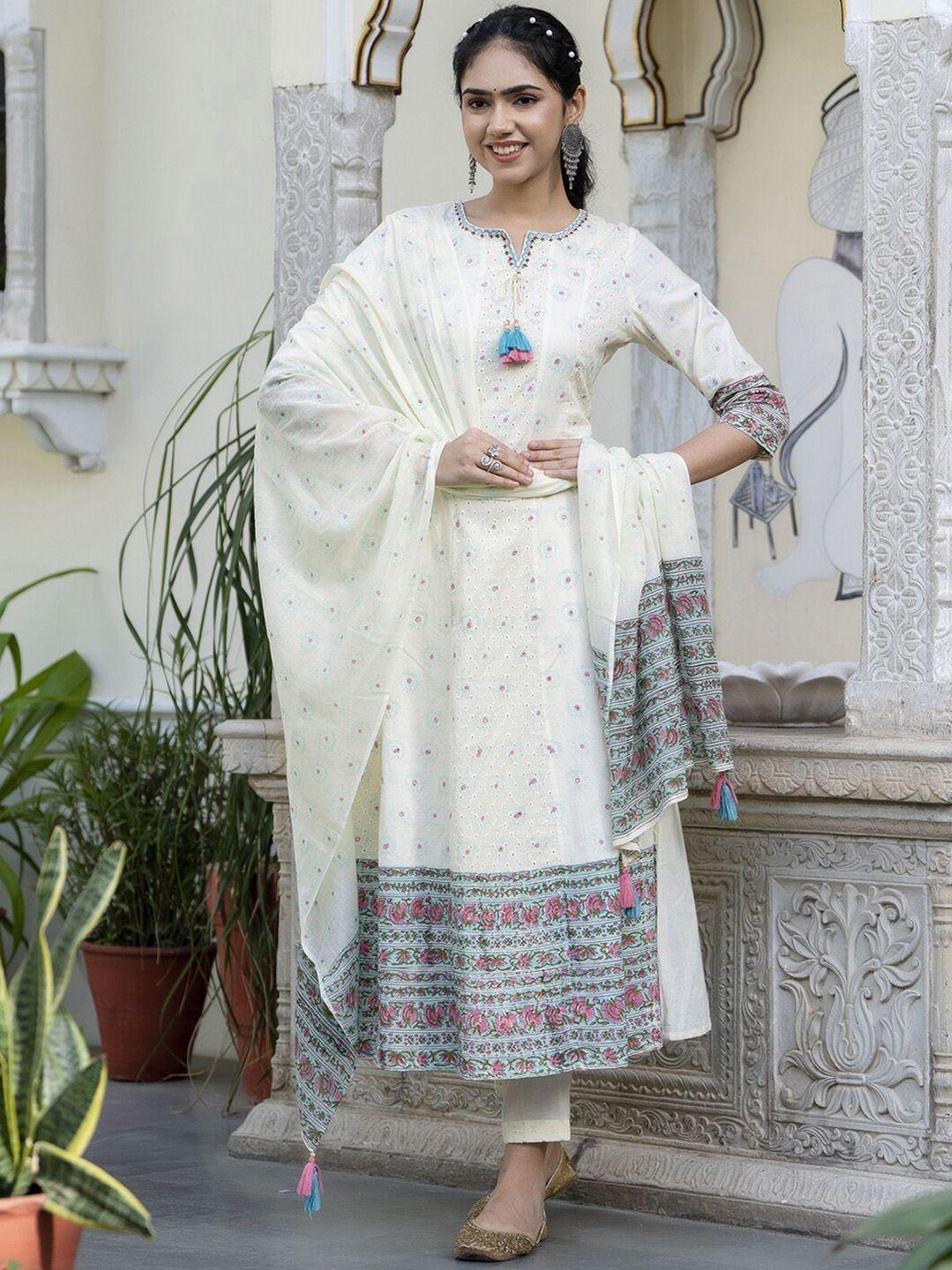 preksha women cream-coloured ethnic motifs embroidered regular mirror work pure cotton kurta with trousers &