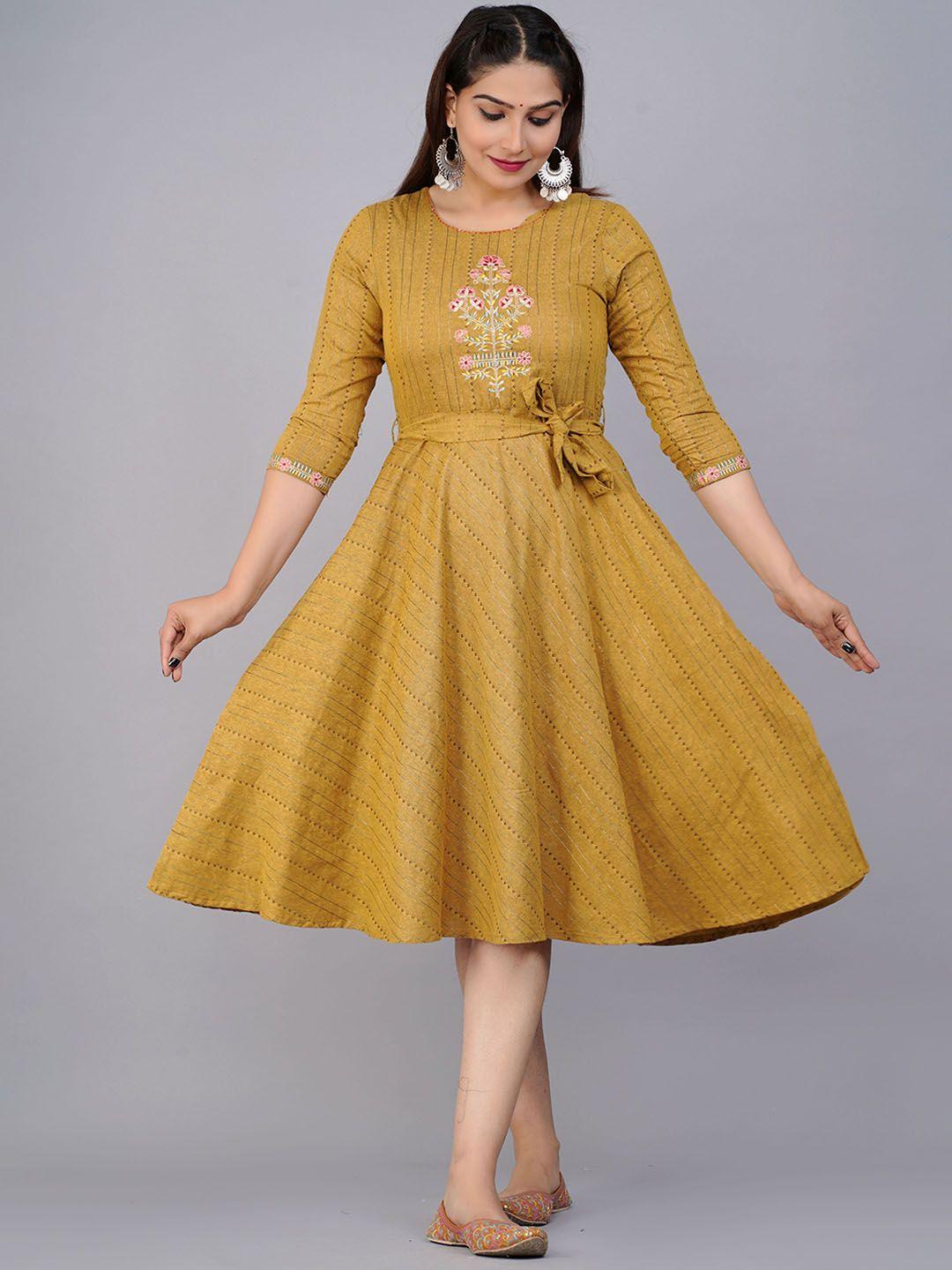 preksha women mustard yellow floral printed yoke design thread work cotton a-line kurta