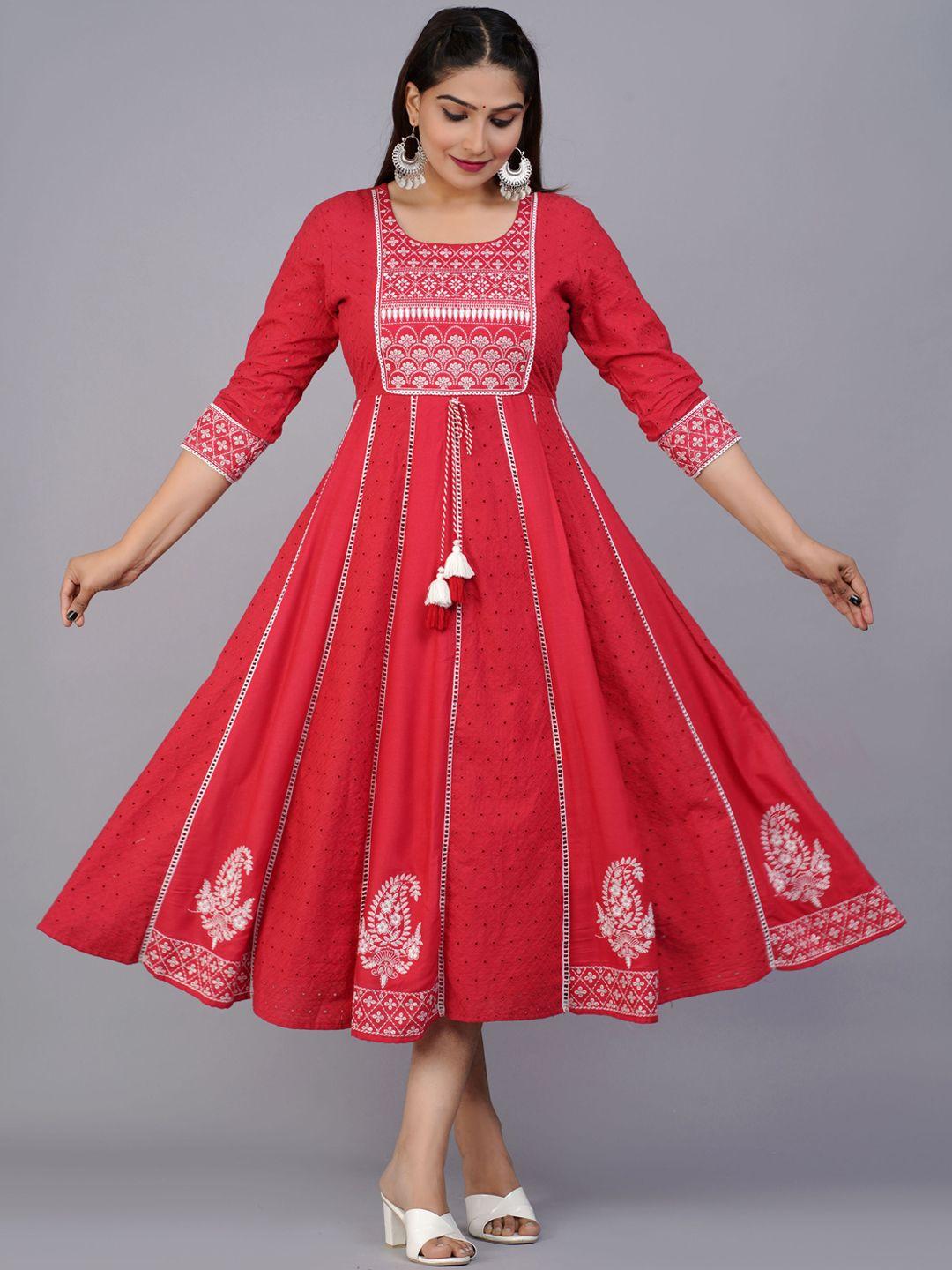 preksha women red & white ethnic motifs yoke design embroidered cotton anarkali kurta