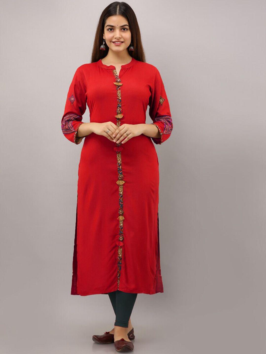 preksha women red ethnic motifs embroidered kurta