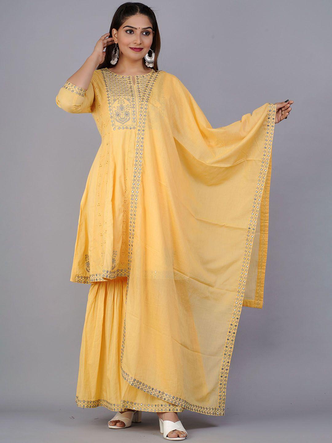 preksha women yellow embroidered mirror work pure cotton kurta with sharara & with dupatta