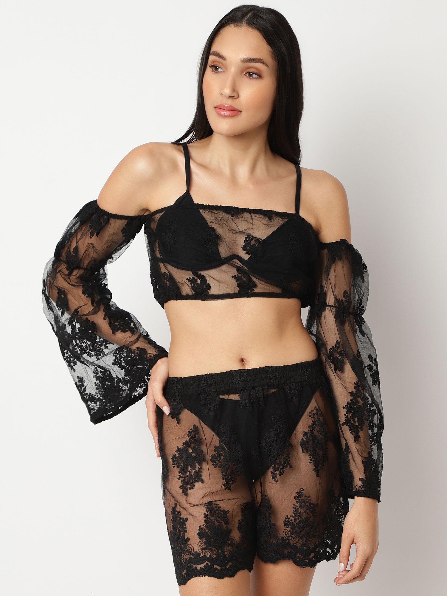 premium black applique lace beach cover up bardot crop top