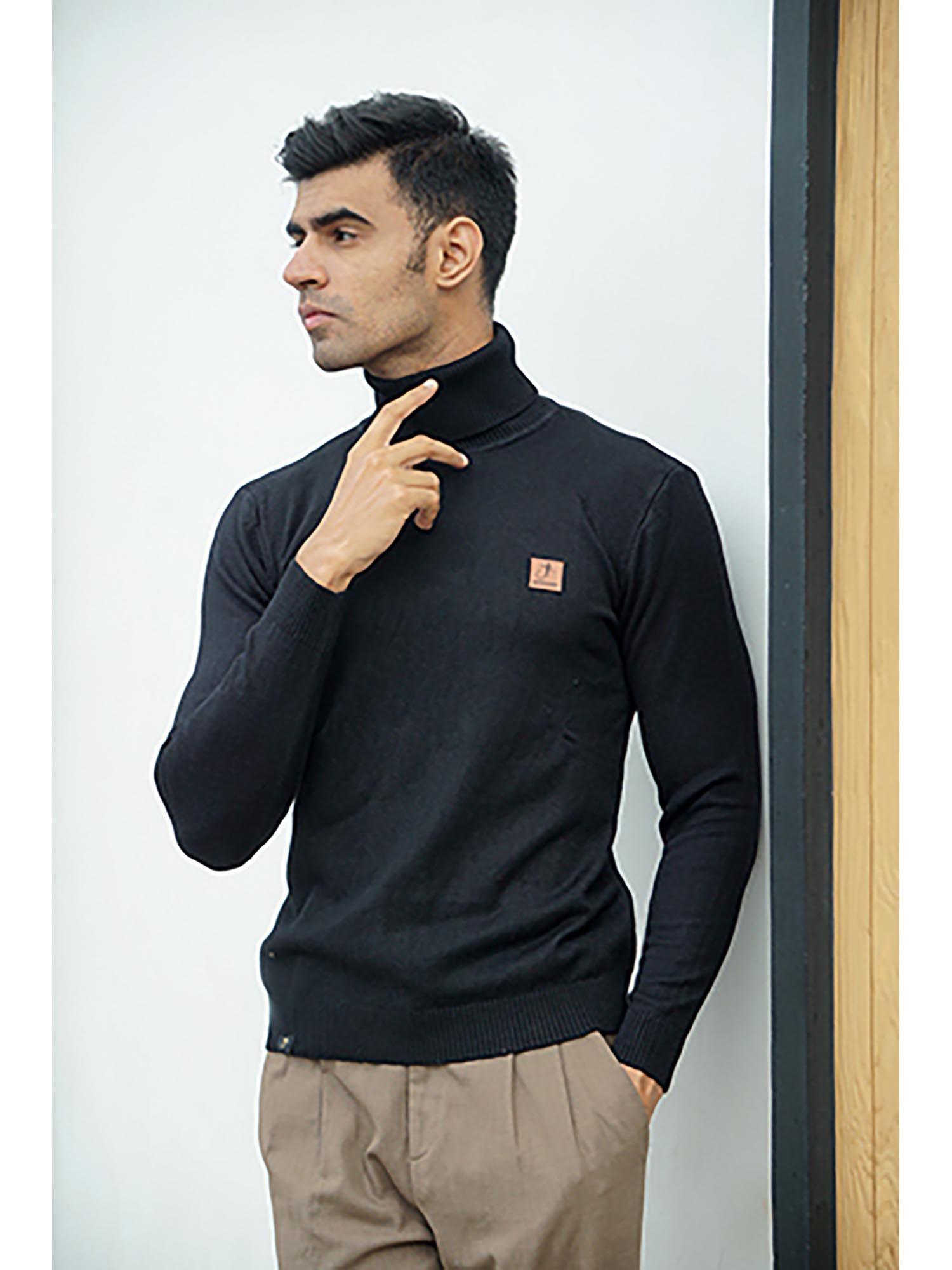 premium black warm wool blend turtle neck sweater