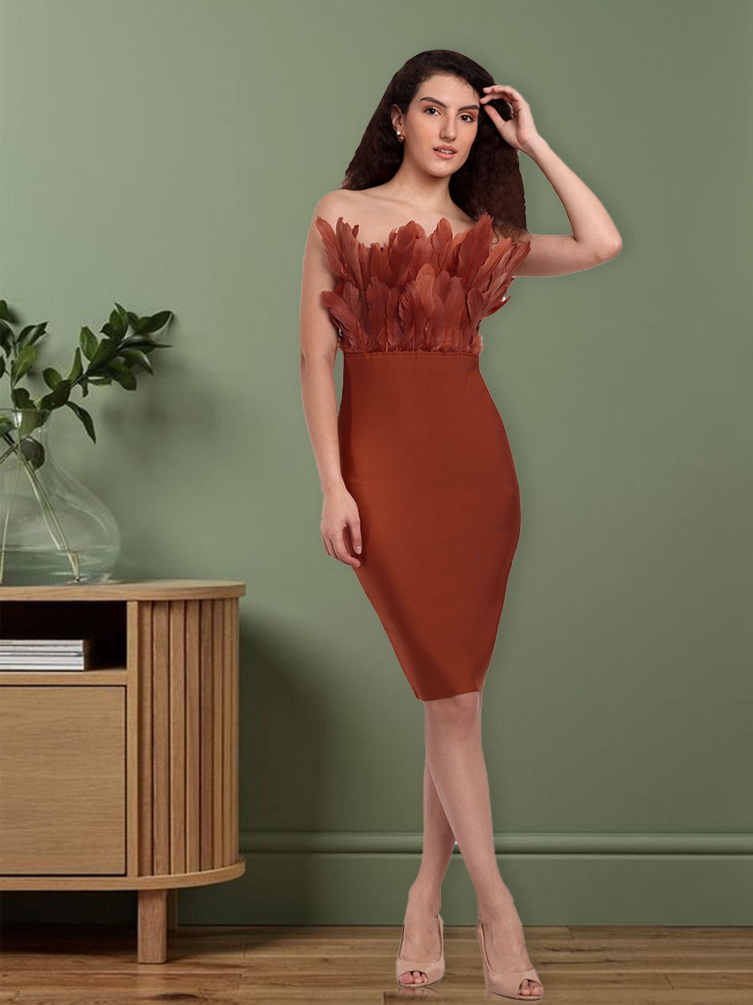 premium brown bodycon strapless knee length dress with feather detailing