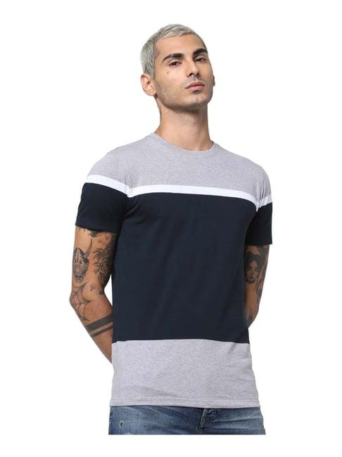 premium by jack & jones grey & navy cotton slim fit color block t-shirt