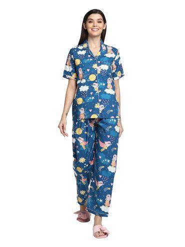 premium cotton | animated print shirt & pyjama women's set | lounge wear - blue