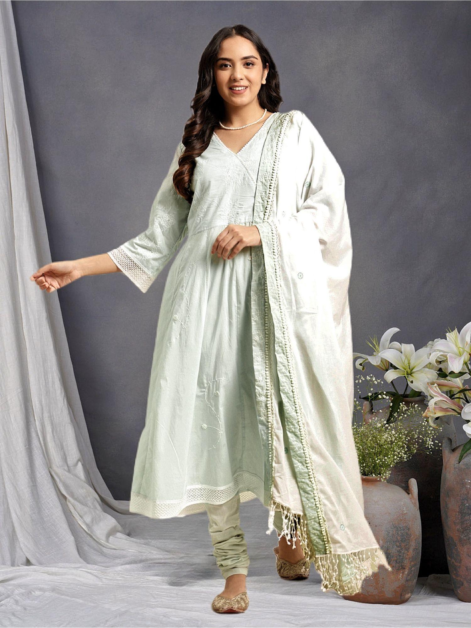 premium cotton embroidered light green anarkali paired with matching pant and dupatta