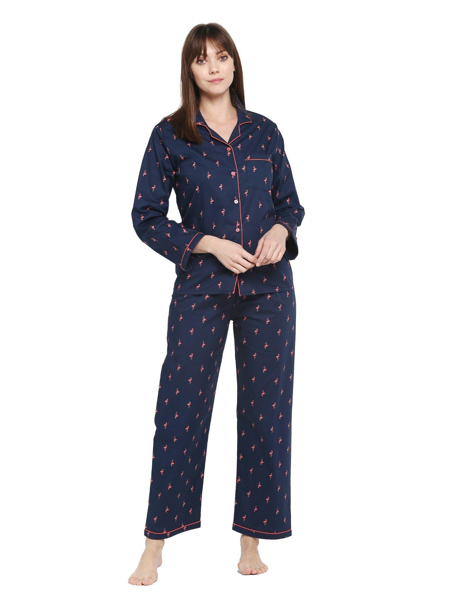 premium cotton flamingo print long sleeve women's night suit | lounge wear- blue
