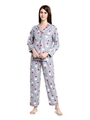 premium cotton-flannel print long sleeve women's night suit | lounge wear - grey