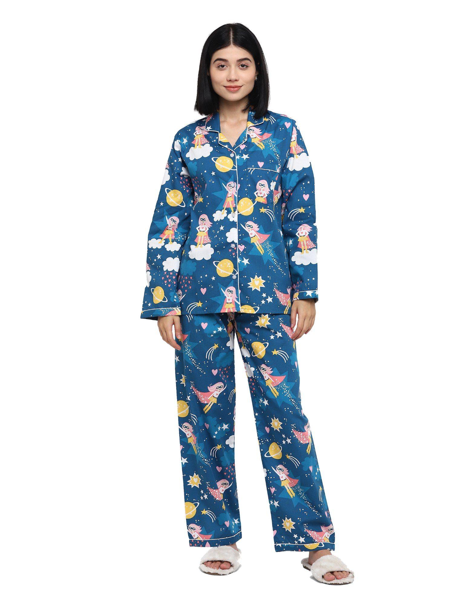 premium cotton printed long sleeve women' night suit | nightwear | lounge wear - blue