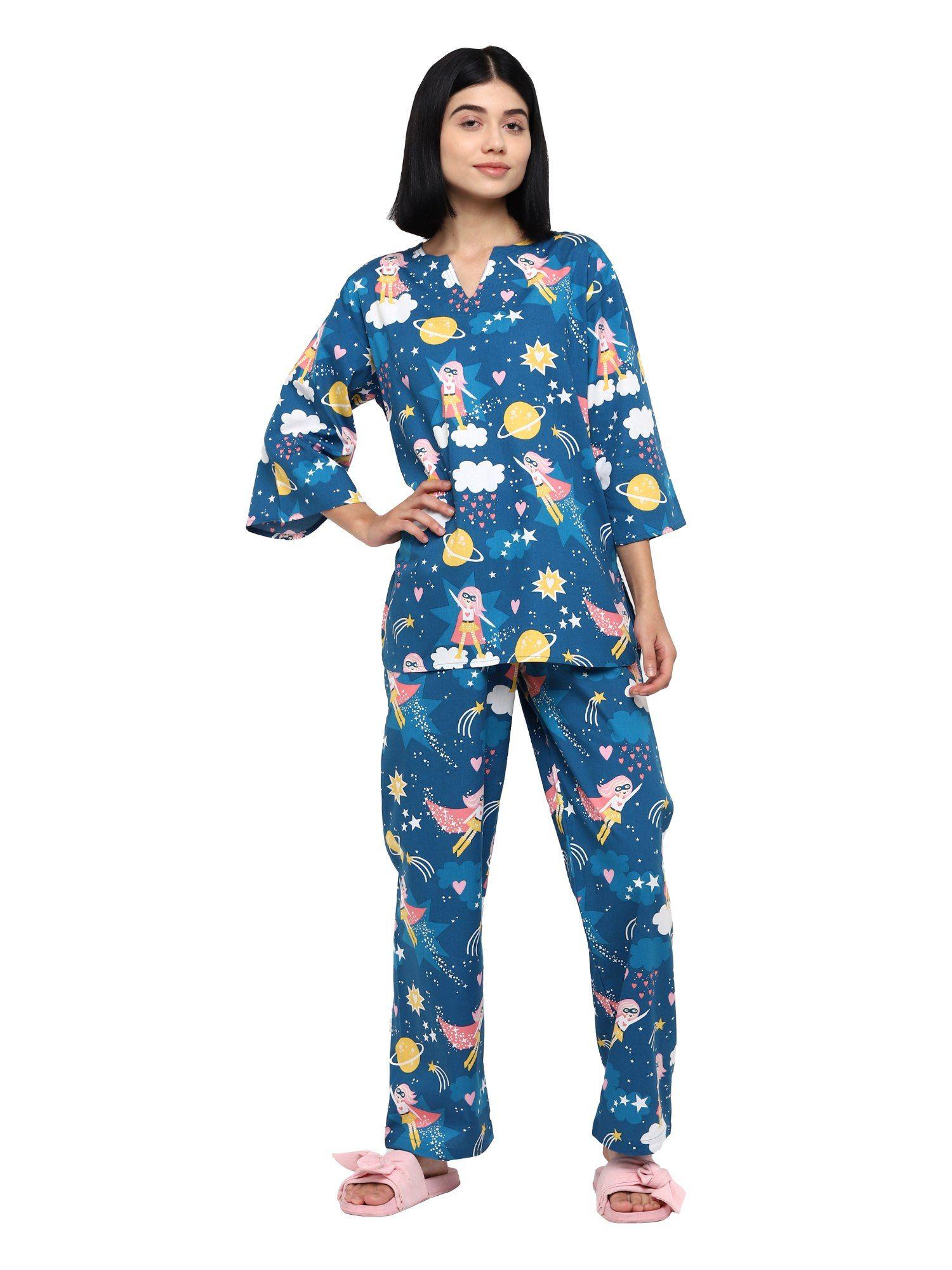 premium cotton printed v neck long sleeve women's night suit |lounge wear - blue