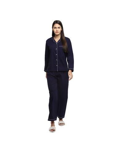 premium cotton white piping long sleeve womens night suit | lounge wear- navy blue
