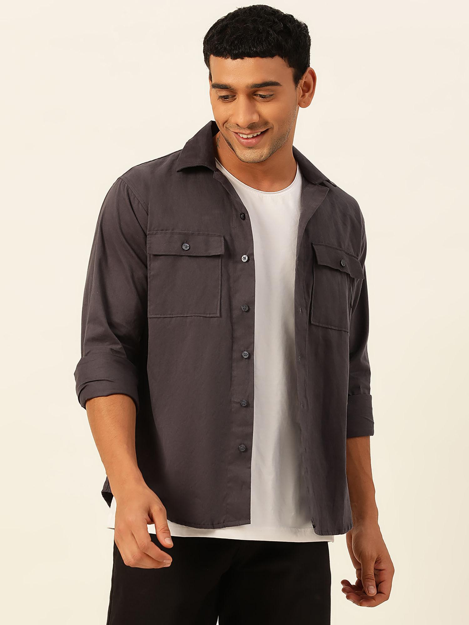 premium dark grey cargo regular fit unisex cotton overshirt