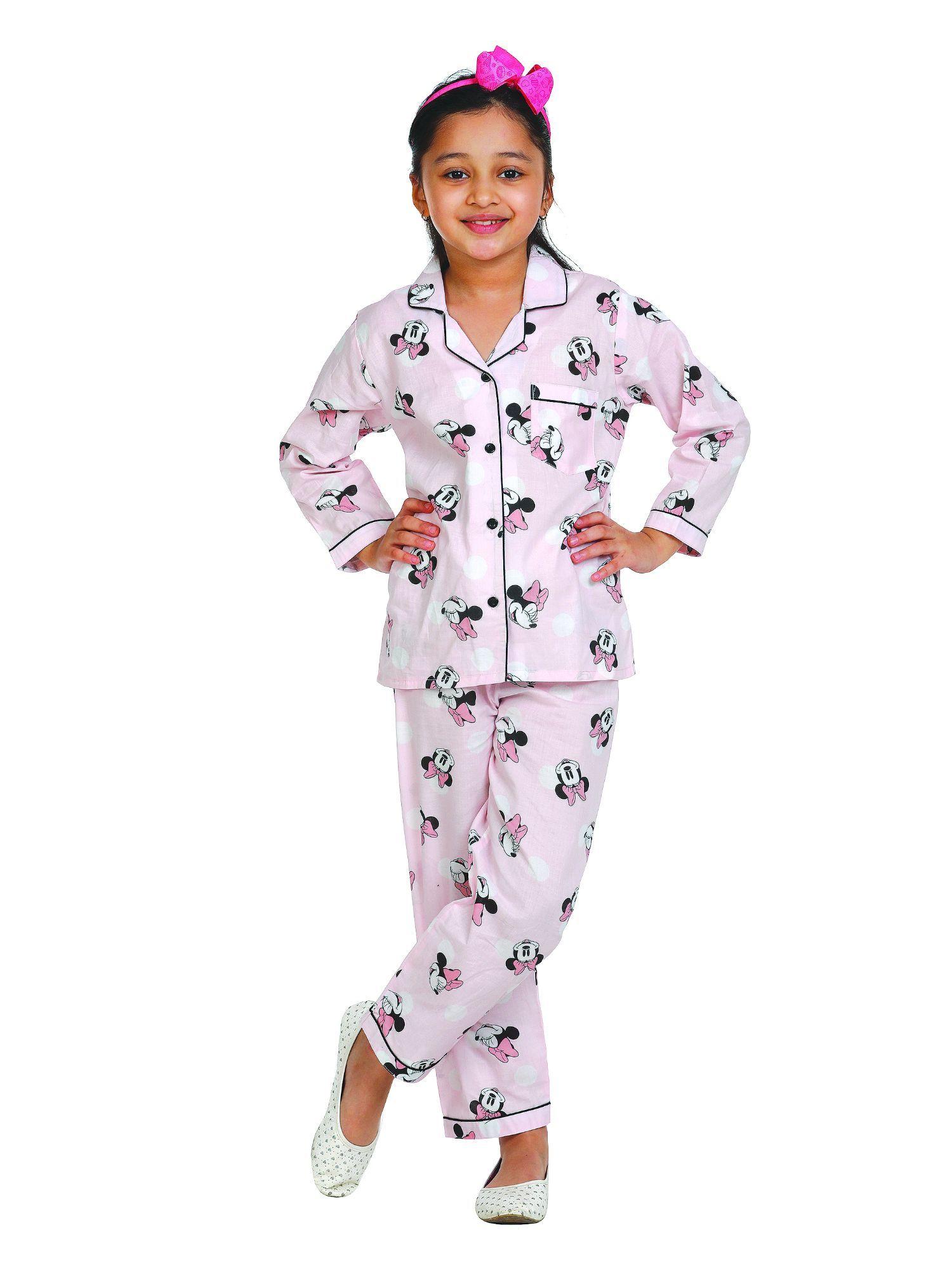 premium light pink mini-me print long sleeve night suit for girls (set of 2)