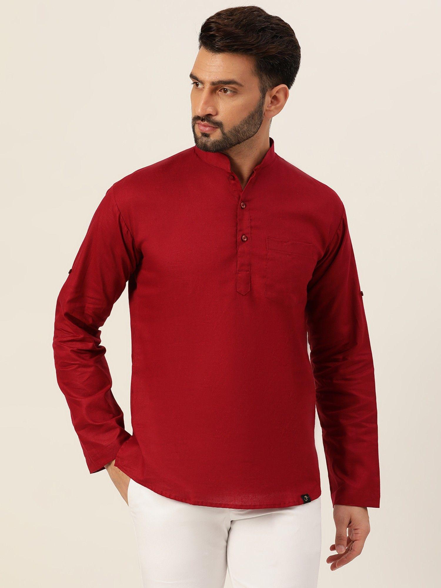 premium maroon textured cotton linen short kurta