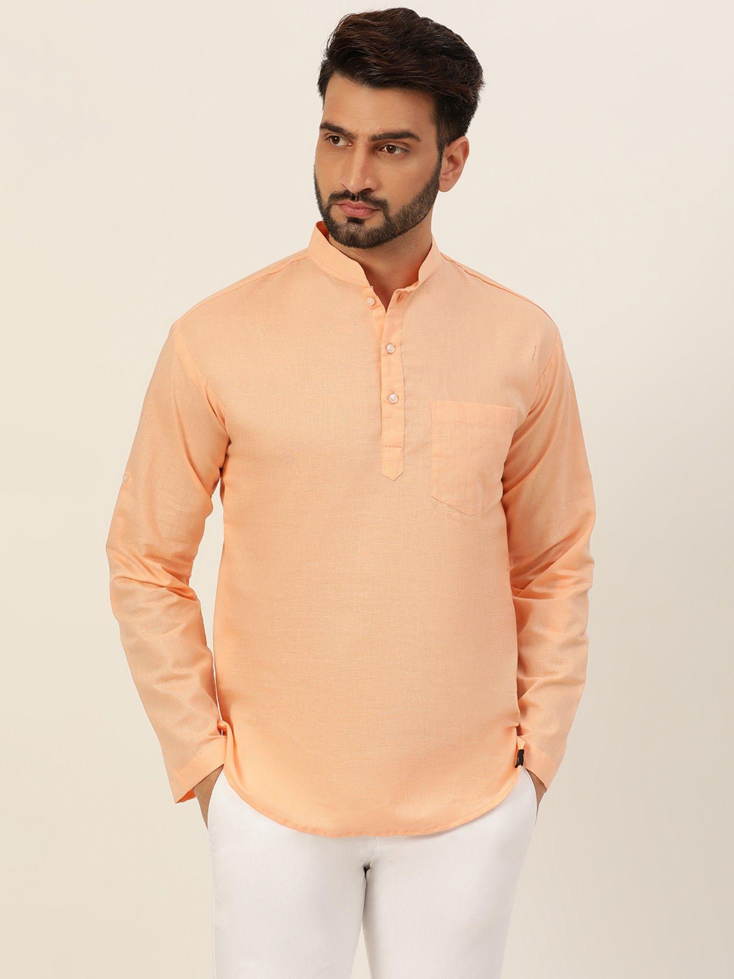 premium peach textured cotton linen short kurta