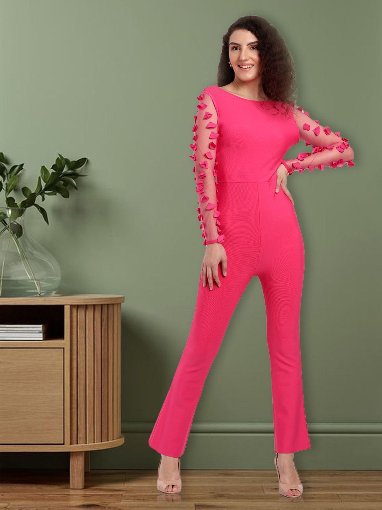 premium pink high waisted jumpsuit with net full sleeves