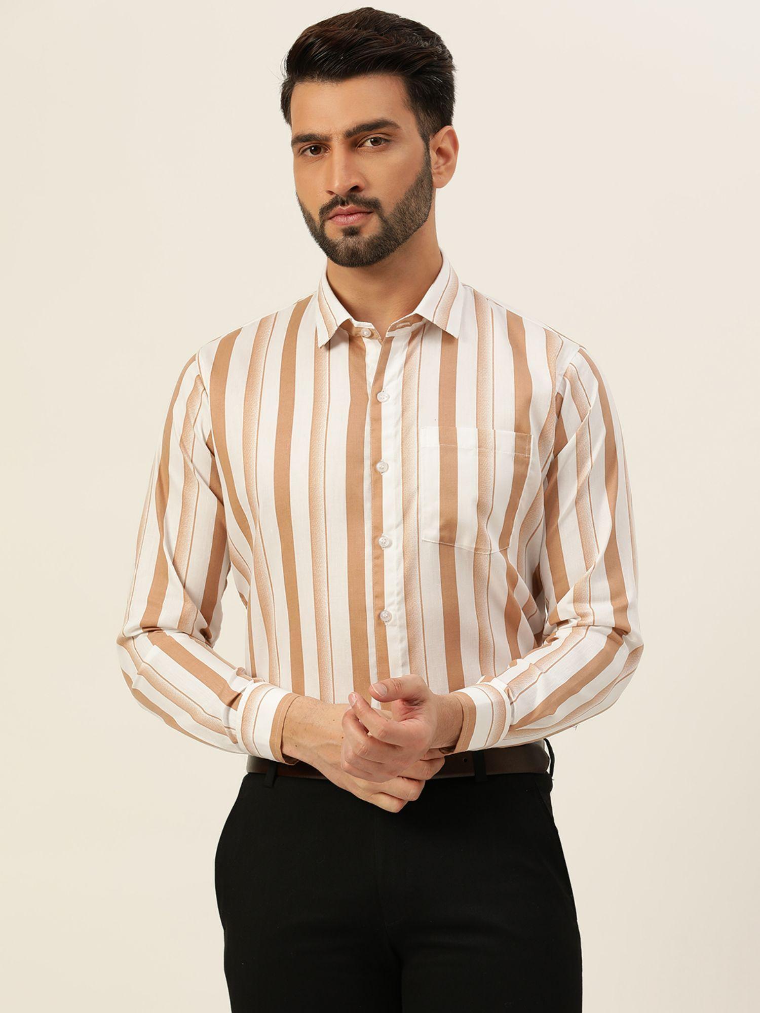 premium tan dual shaded stripes formal men shirt