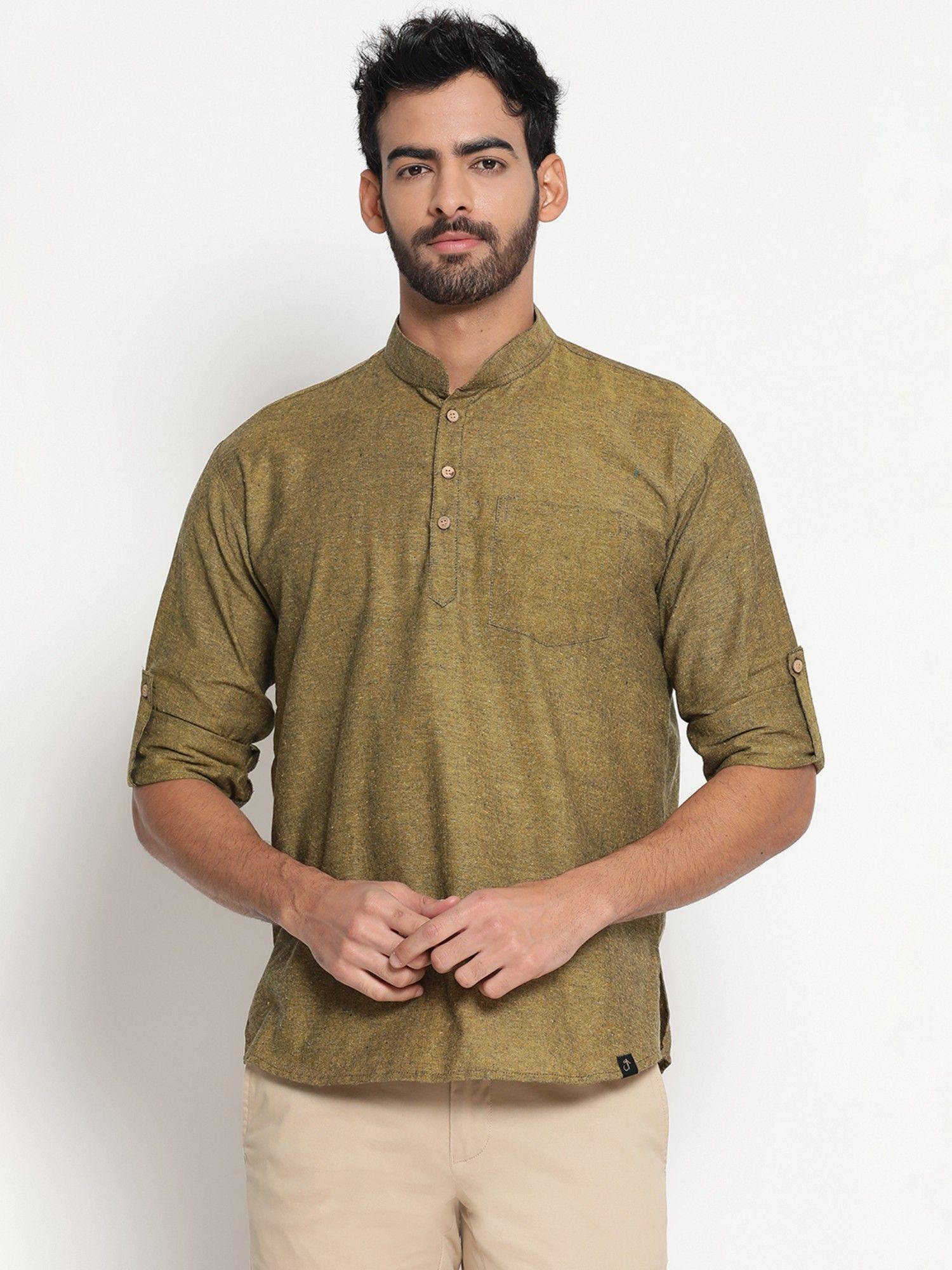 premium yellow textured cotton linen short kurta